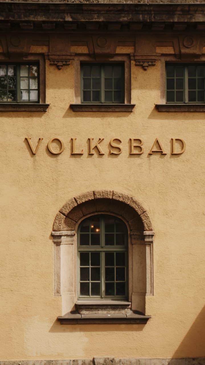 Detail der Volksbad-Fassade mit dem Schriftzug Volksbad
